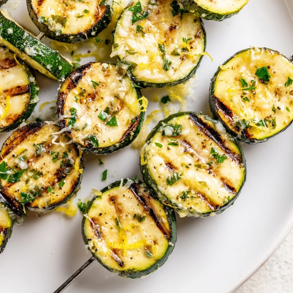 Summery Garlic Butter Zucchini Skewers feature juicy rounds brushed with parsley and lemon, served with lemon wedges.