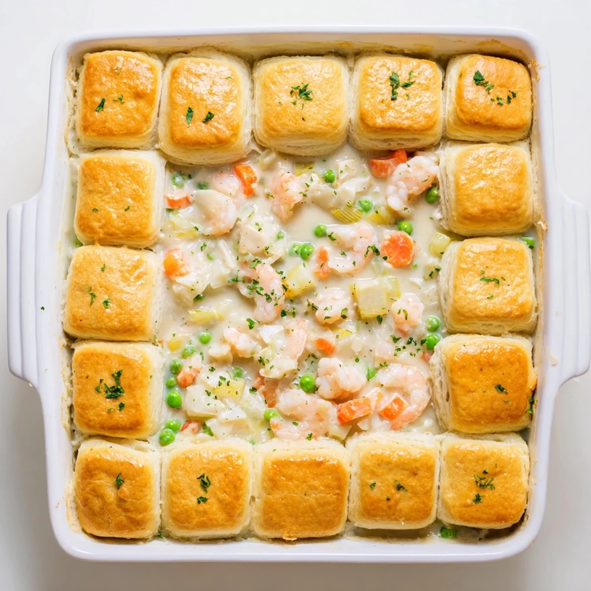 A slice of Seafood Pot Pie with Cheddar Bay Biscuit Topping reveals a creamy blend of shrimp, crab, and tender vegetables beneath golden, cheesy biscuits.