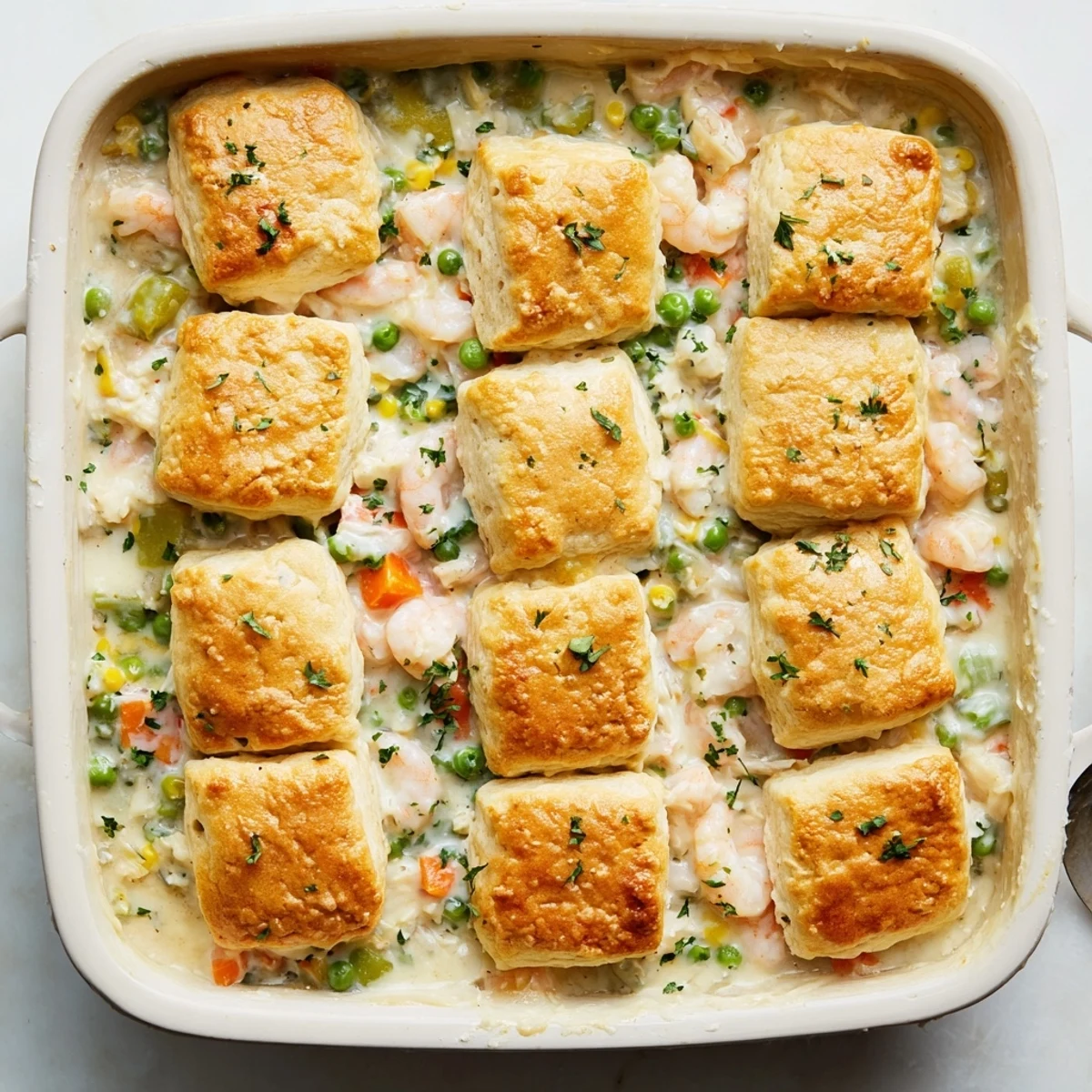 Seafood Pot Pie with Cheddar Bay Biscuit Topping is served hot in a skillet, with flaky biscuit crust and fresh parsley garnish.