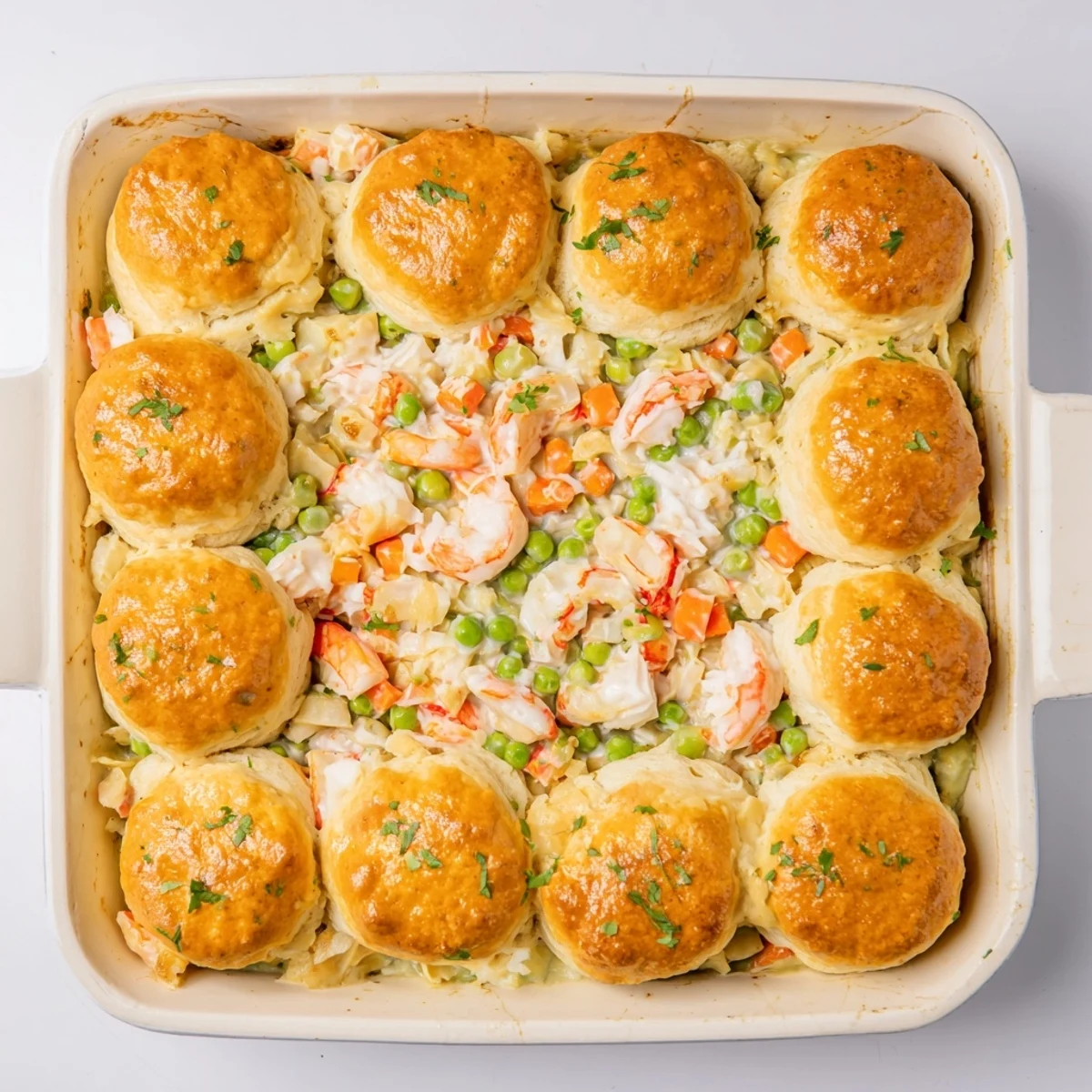 Close-up of Seafood Pot Pie with Cheddar Bay Biscuit Topping highlights bubbling filling and golden cheddar biscuits, ready to be served for dinner.
