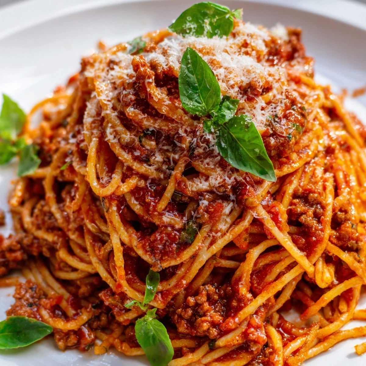 Spaghetti with rich tomato sauce topped with fresh basil and Parmesan.