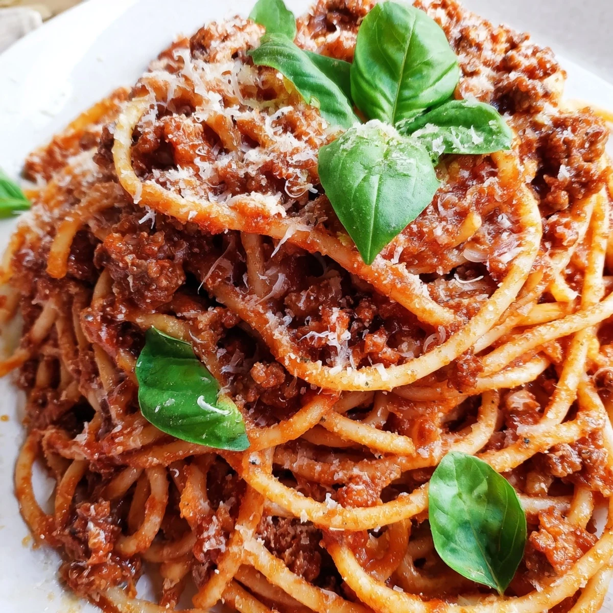 A hearty plate of The Bear Spaghetti served with extra virgin olive oil.