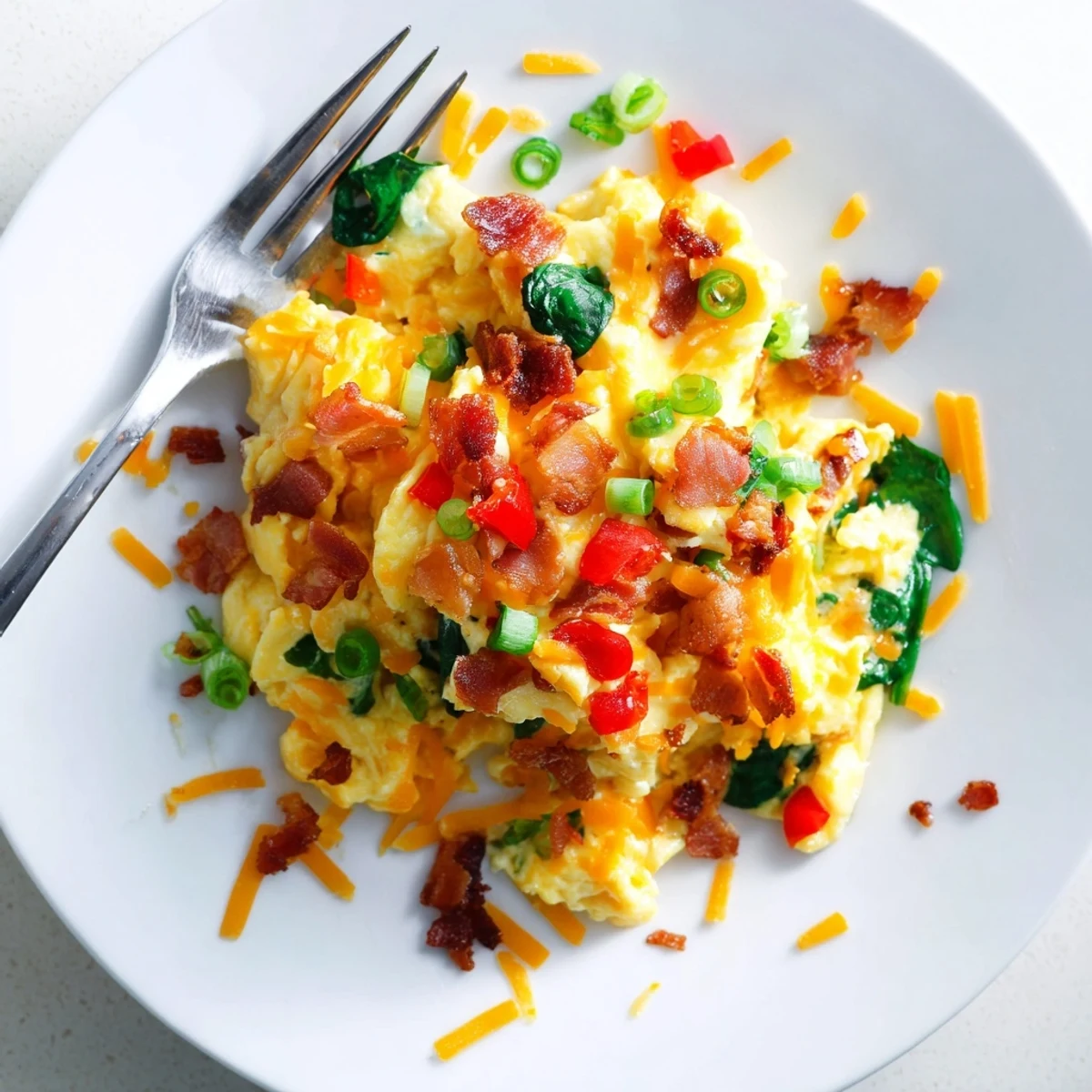 Loaded Scrambled Eggs featuring sautéed red bell peppers and spinach, ideal for a hearty American brunch.