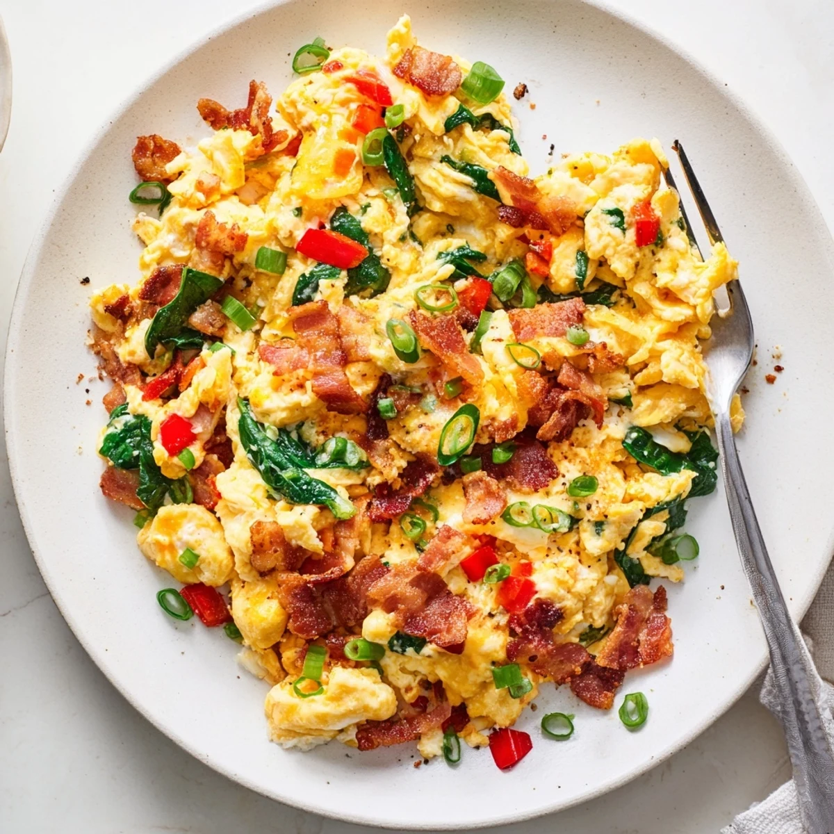 A close-up of Loaded Scrambled Eggs with chopped green onions and extra cheese, ready to be enjoyed.