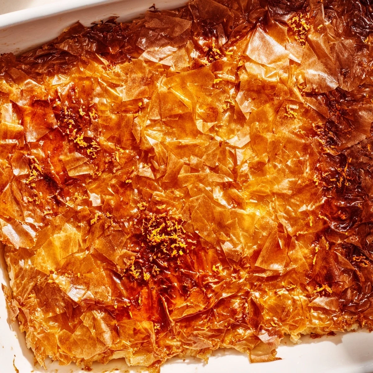 Freshly baked Portokalopita in a rectangular pan, showing golden crispy phyllo pieces nestled in a creamy yogurt and egg batter.
