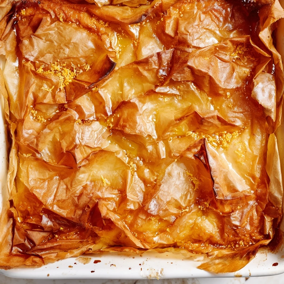 A close-up view of Portokalopita dessert, where syrup-drenched phyllo layers glisten with fresh orange zest and a subtle cinnamon aroma.