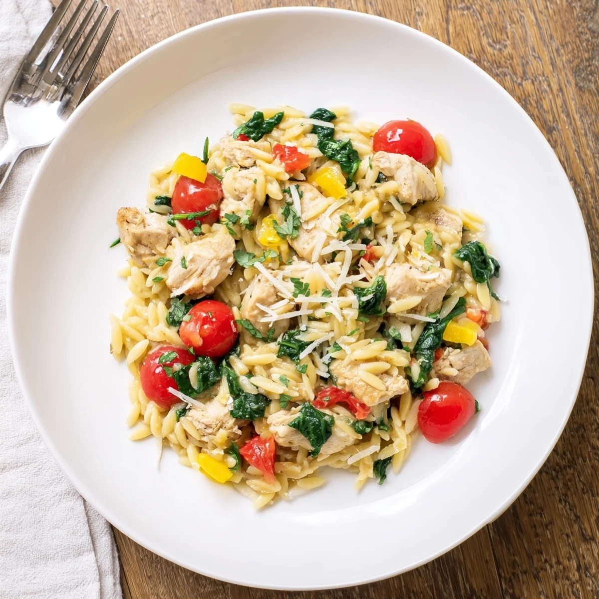 Tender chicken, orzo, and spinach in a herbed sauce garnished with fresh parsley on a rustic table.