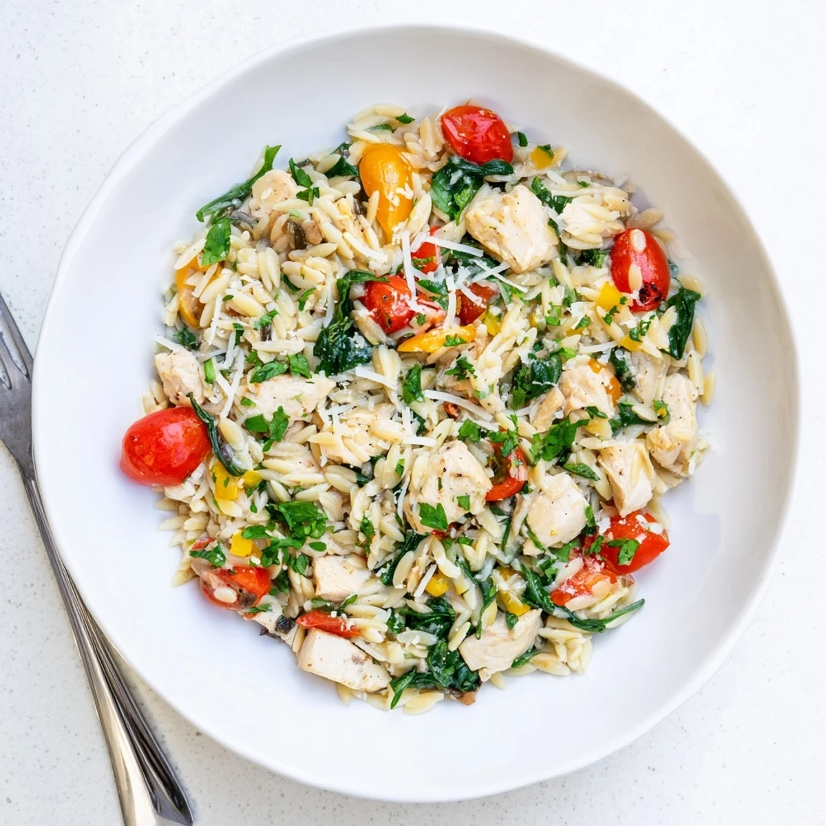 A close-up of the High Protein Chicken Orzo showing creamy texture and colorful vegetables on a white plate.