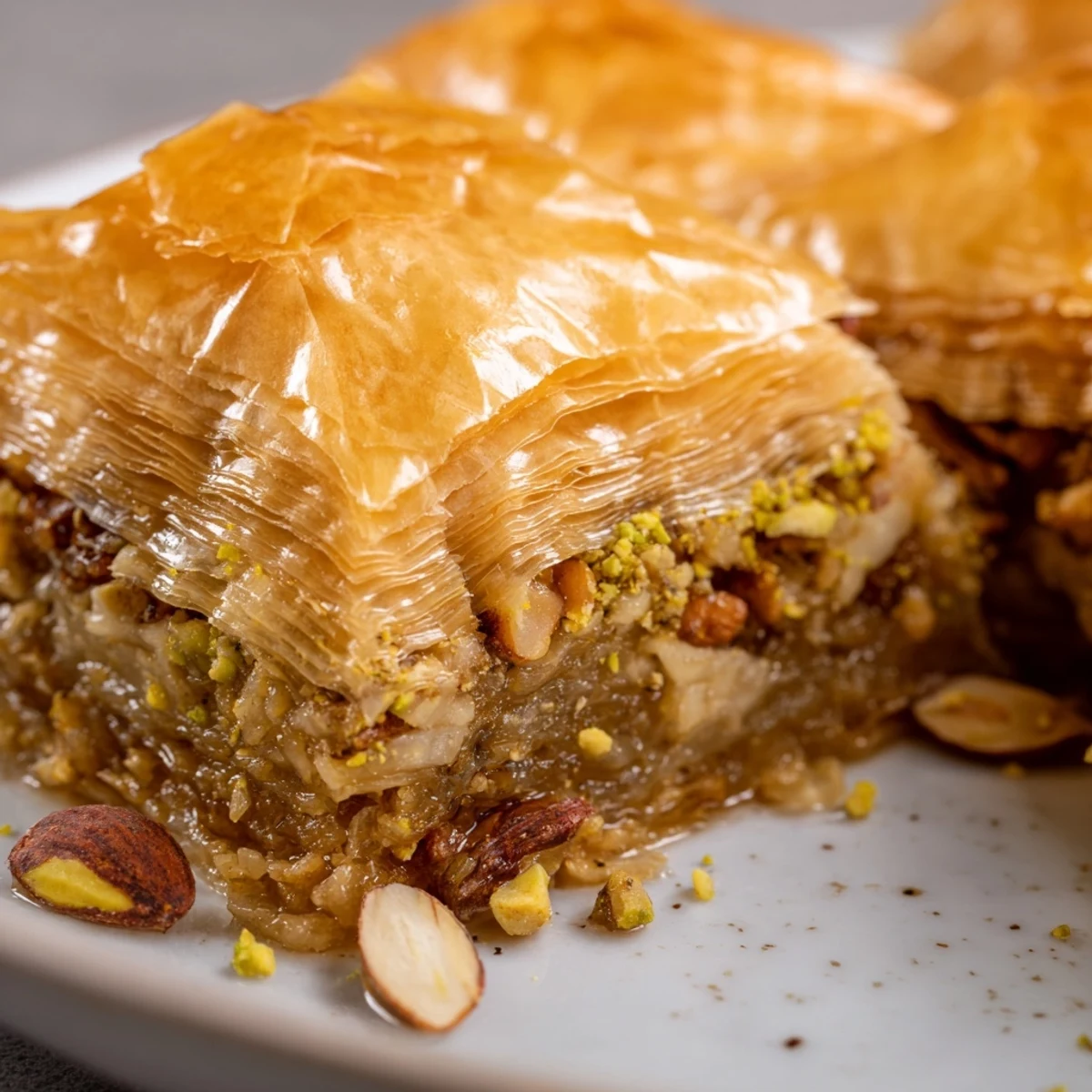 Golden-baked Greek Baklava with flaky phyllo layers and chopped walnut and pistachio filling dripping in honey syrup.
