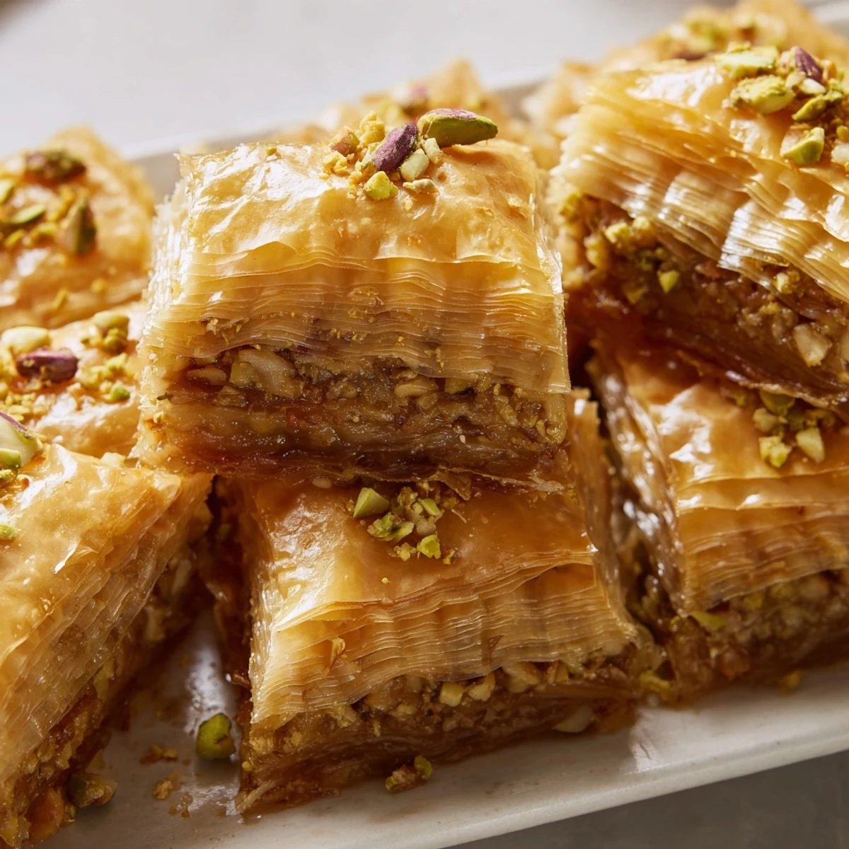 A close-up view of Greek Baklava pieces on a white plate, syrup glistening, ready for dessert serving.