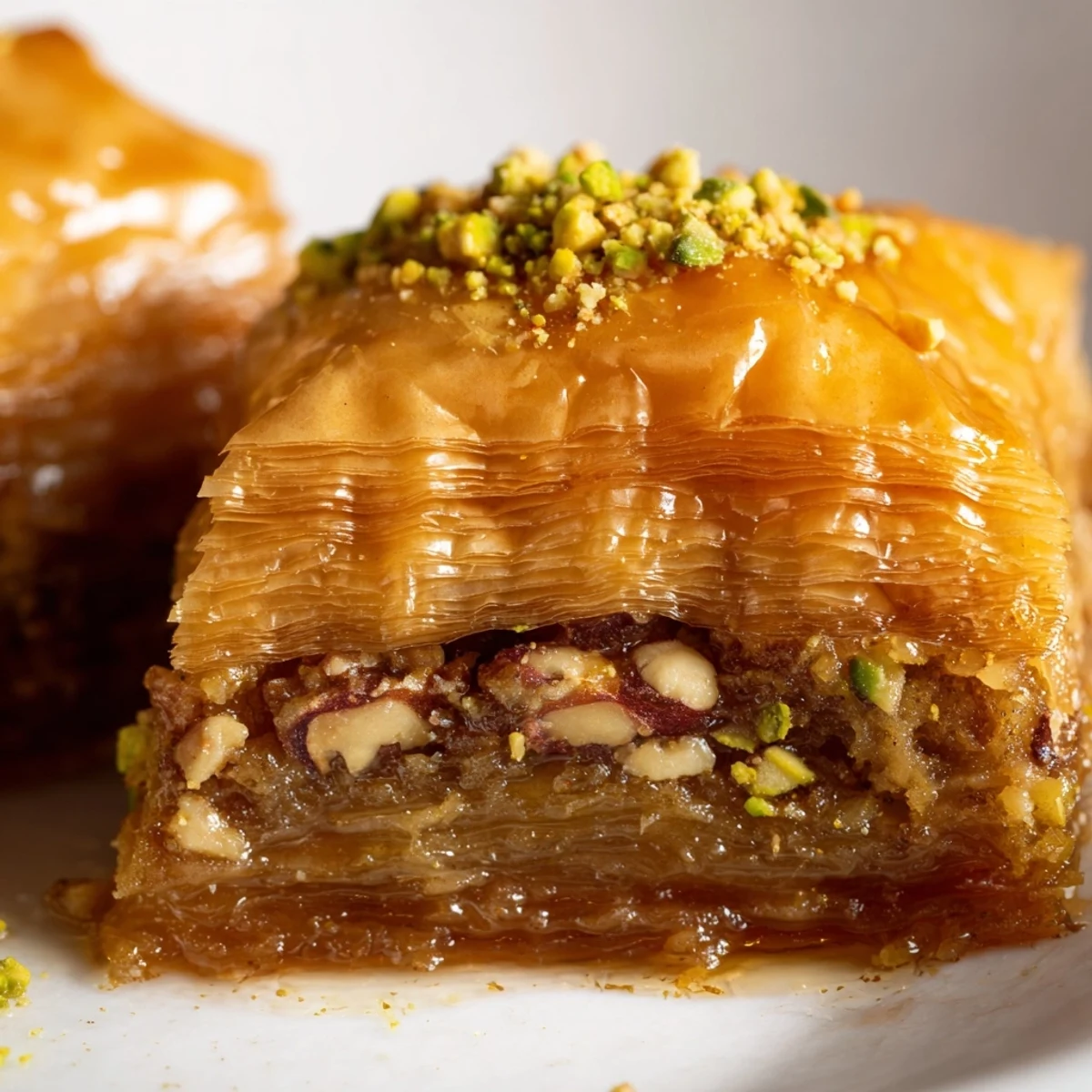 Freshly prepared Greek Baklava stacked in a baking dish, showcasing crisp pastry and rich honey coating.
