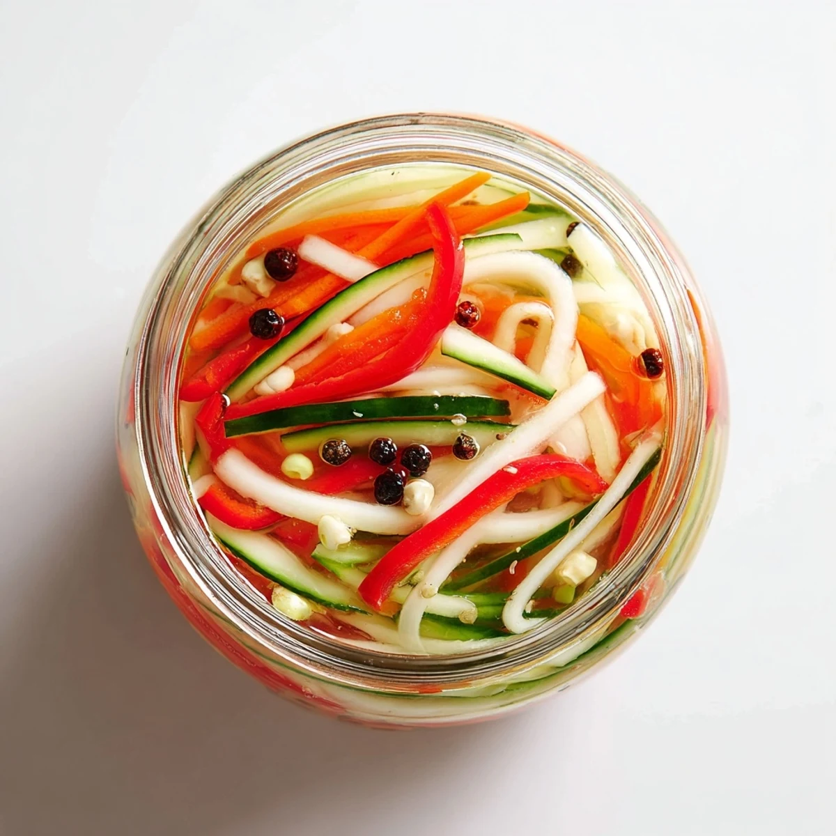 A vibrant jar of Vietnamese Vegetable Pickle Medley with crunchy daikon and carrots glistening in a sweet tangy brine.