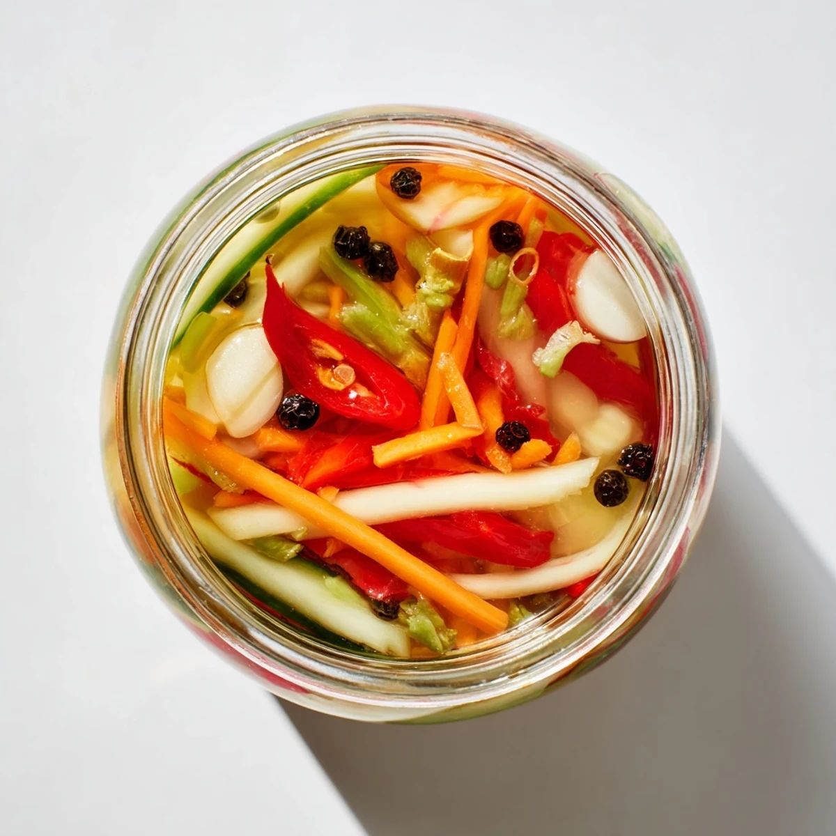 Fresh Vietnamese Vegetable Pickle Medley served in a small white bowl, garnished with garlic and peppercorns for banh mi.