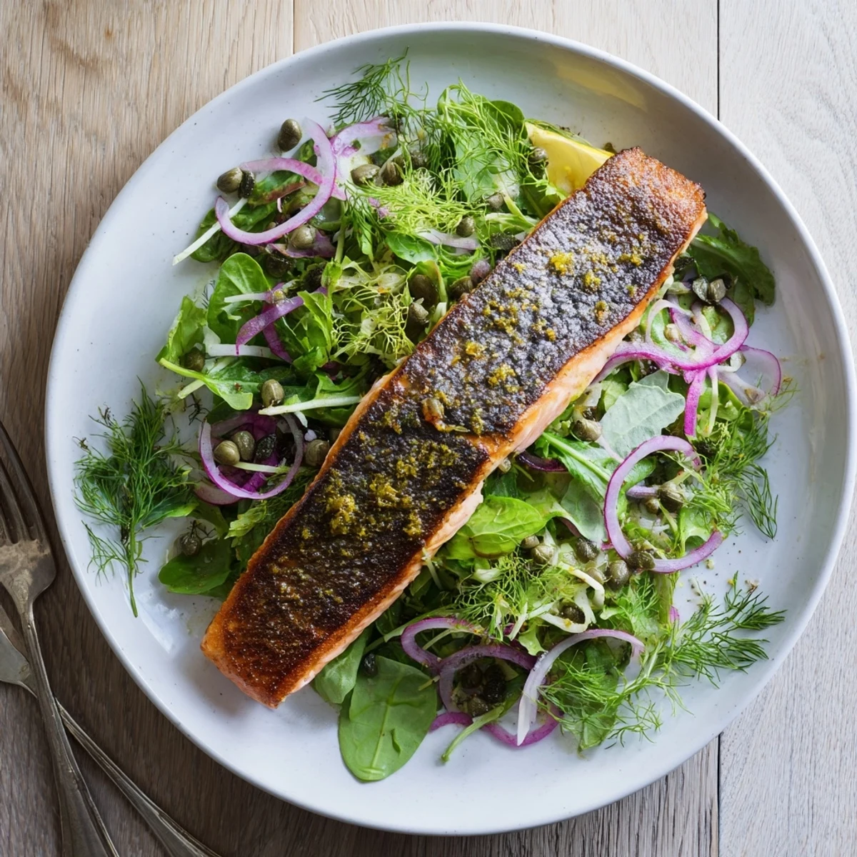 Golden, crackling skin tops Tasmanian Atlantic Salmon beside fresh arugula, red onion, and dill garnish.