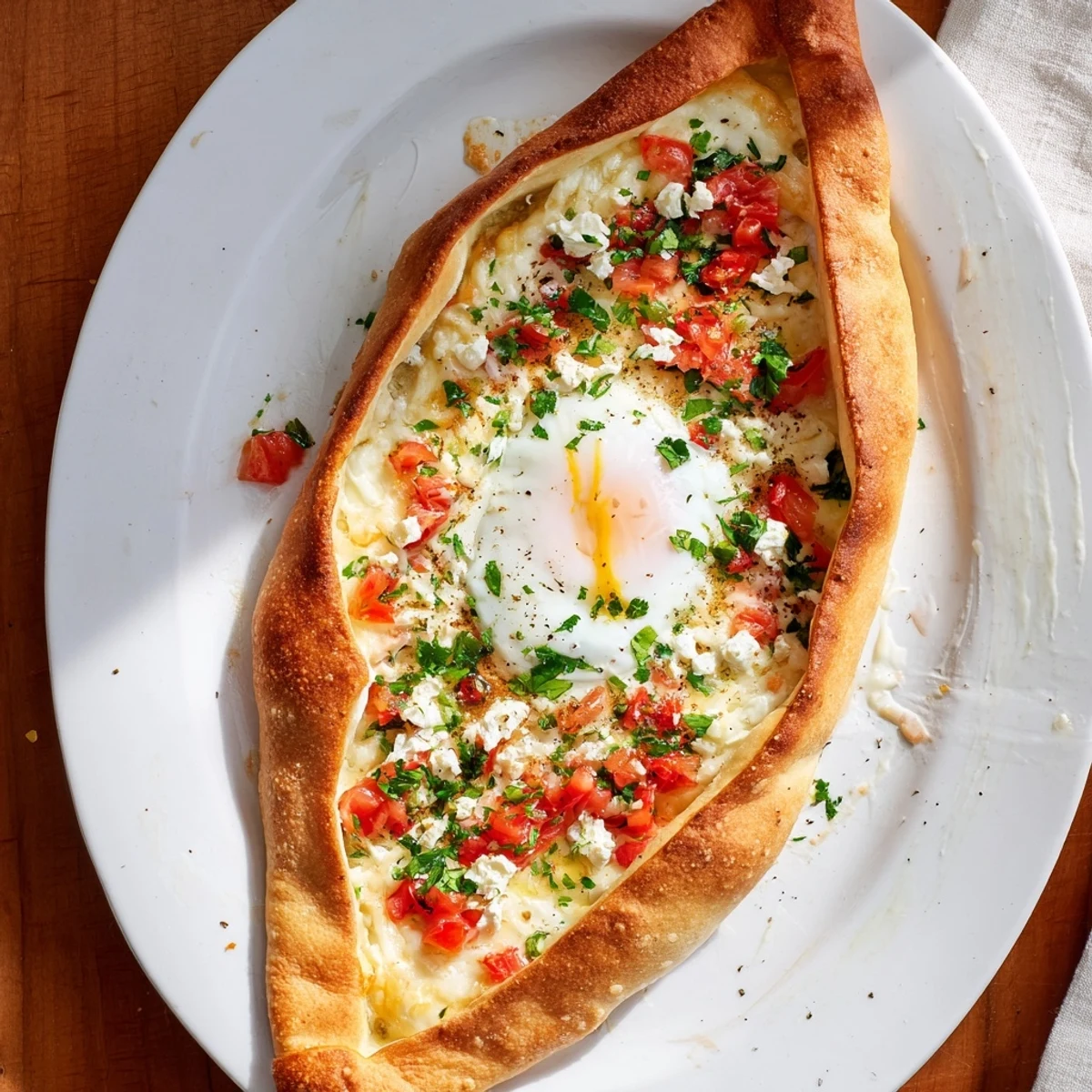 Freshly baked Turkish Pide with egg, tomato, and cheese on a rustic table, the crust golden and inviting for dinner.