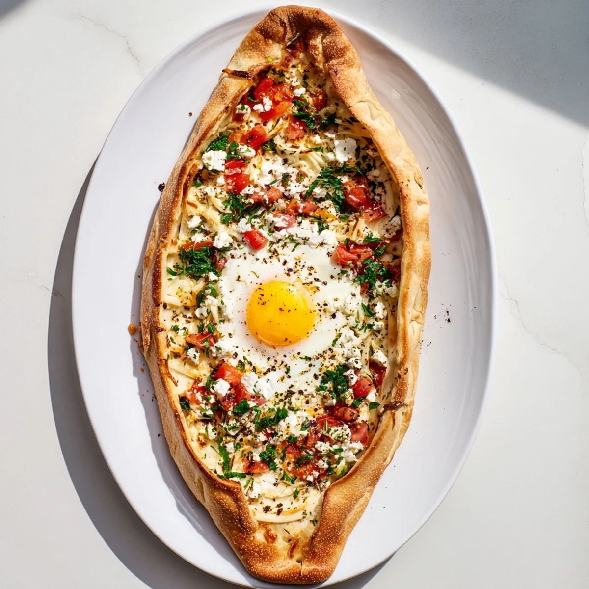 Golden-brown Turkish Pide with egg, tomato, and cheese served warm, oozing melted cheese and bright red tomato pieces.