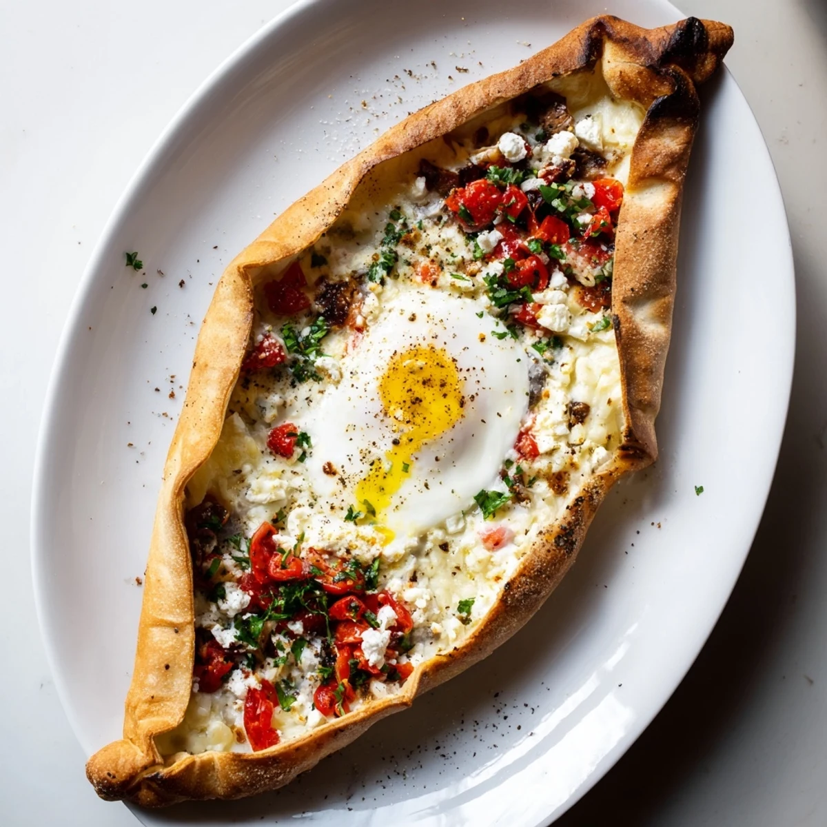 Cracked egg yolk inside Turkish Pide with tomato and cheese, ready to serve as a savory main dish.