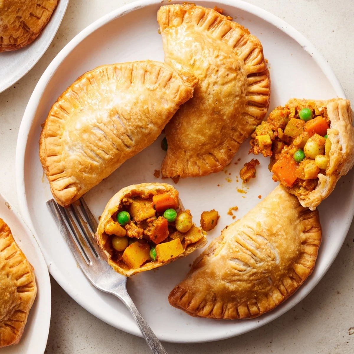 A close-up of golden, flaky Tikka Masala Vegetarian Pies resting on a rustic board, showing a bite taken out to reveal the creamy, spiced vegetable filling.
