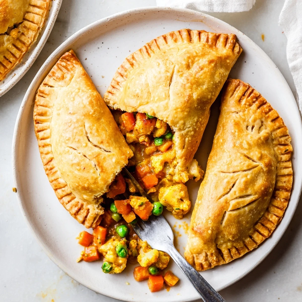Freshly baked Tikka Masala Vegetarian Pies sit on a wooden platter beside a small bowl of vibrant mango chutney, inviting a flavorful lunch or dinner.