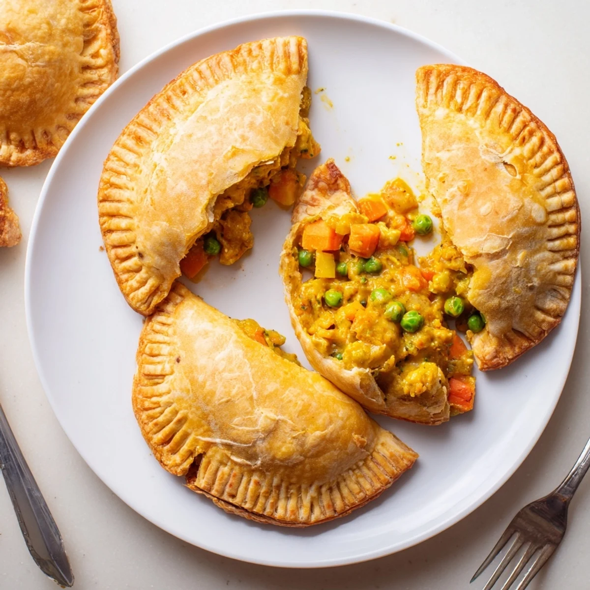 A golden-brown, hand-held Tikka Masala Vegetarian Pie is held up to the camera, steam rising from the aromatic Indian-inspired pastry and filling.