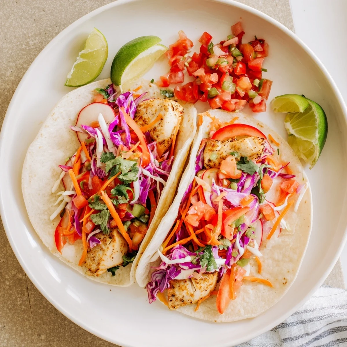 Flaky barramundi tacos topped with vibrant rainbow slaw and fresh salsa on soft tortillas.
