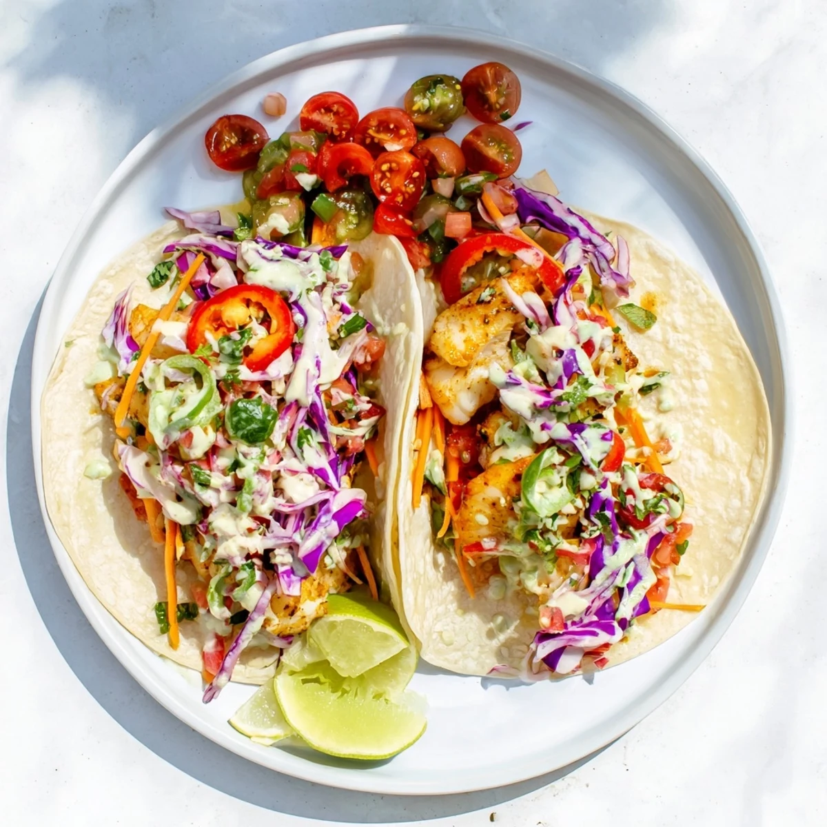 Barramundi Tacos with Rainbow Slaw and Salsa ready to serve with lime wedges.
