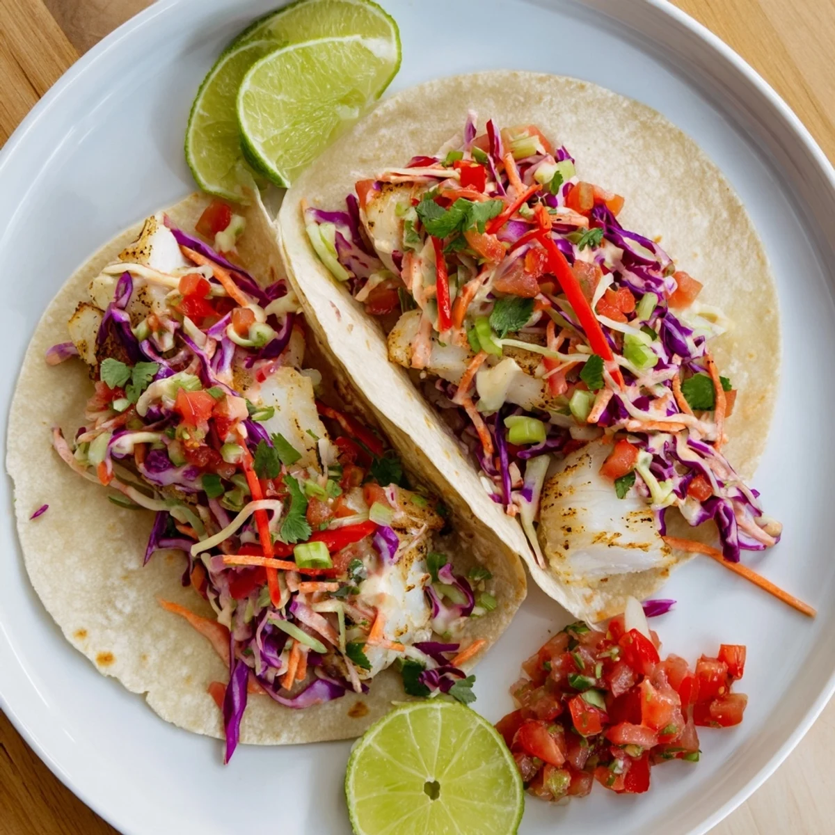 A close-up of Barramundi Tacos with Rainbow Slaw and Salsa and a colorful slaw.
