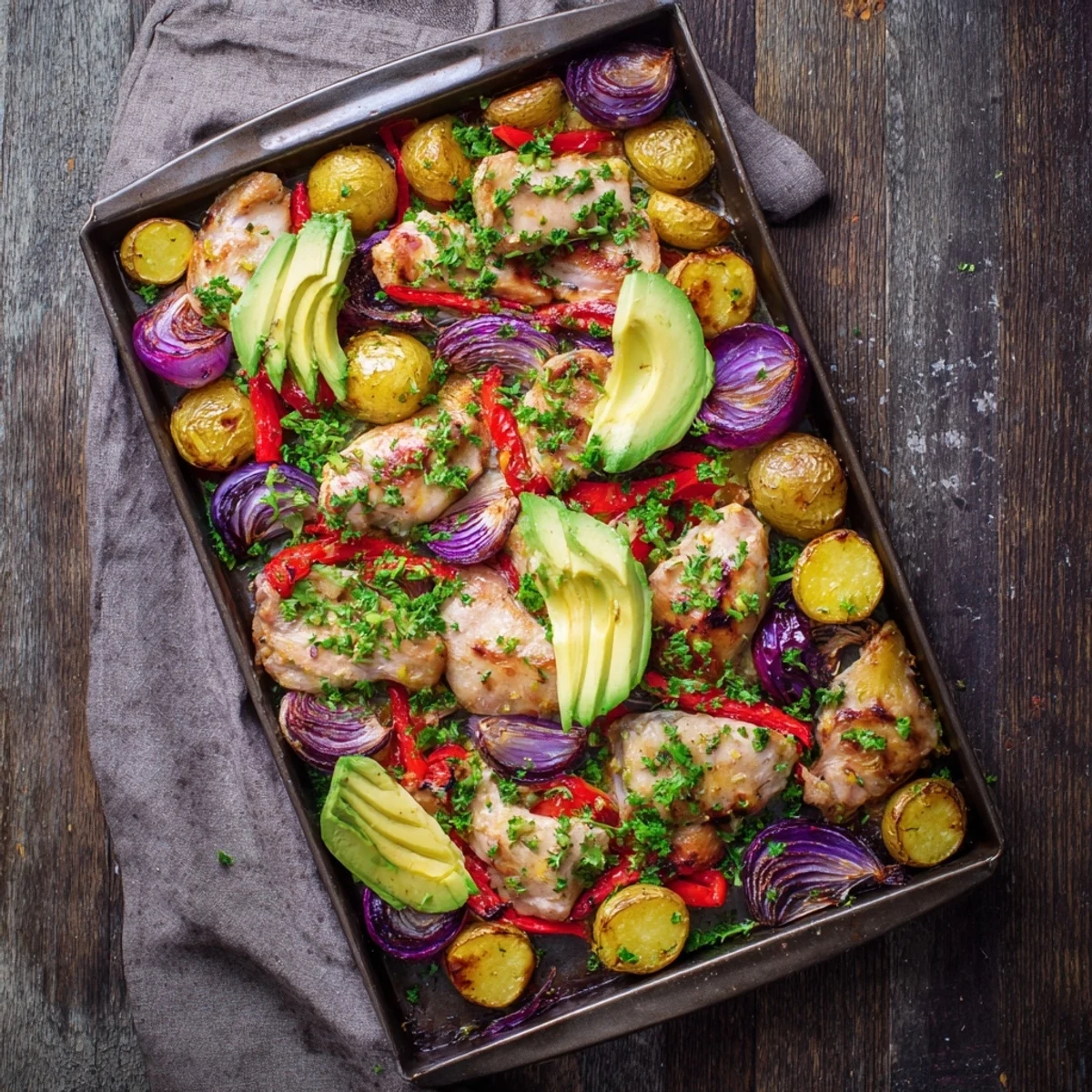 Chicken Avocado and Crunchy Potato Tray Bake with tender chicken, crisp potatoes, and avocado on a warm tray garnished with lime wedges.