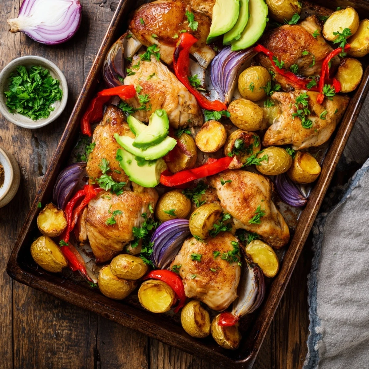 Freshly roasted Chicken Avocado and Crunchy Potato Tray Bake with juicy thighs, golden crispy potatoes, and creamy avocado slices ready to serve.