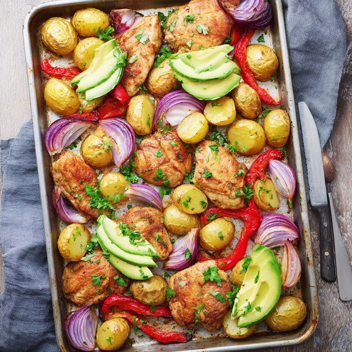 A close-up of Chicken Avocado and Crunchy Potato Tray Bake featuring roasted vegetables, fresh herbs, and sliced avocado for a family dinner.