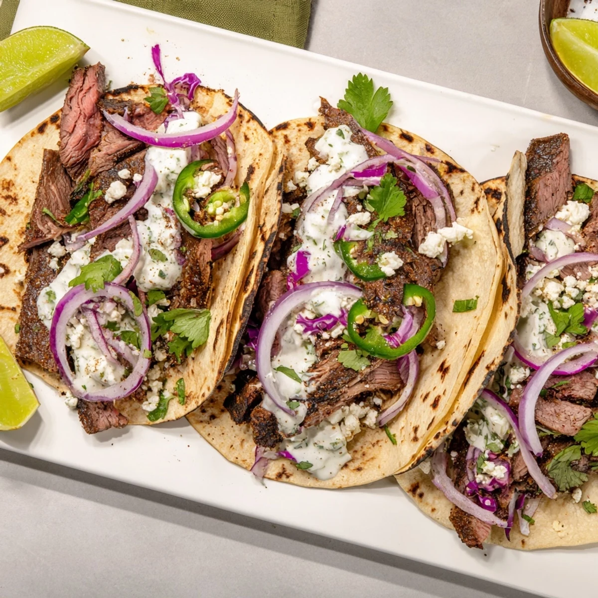 Sliced cumin crusted leg of lamb rests on warm corn tortillas with fresh cilantro, red onion, and creamy yogurt-lime sauce.