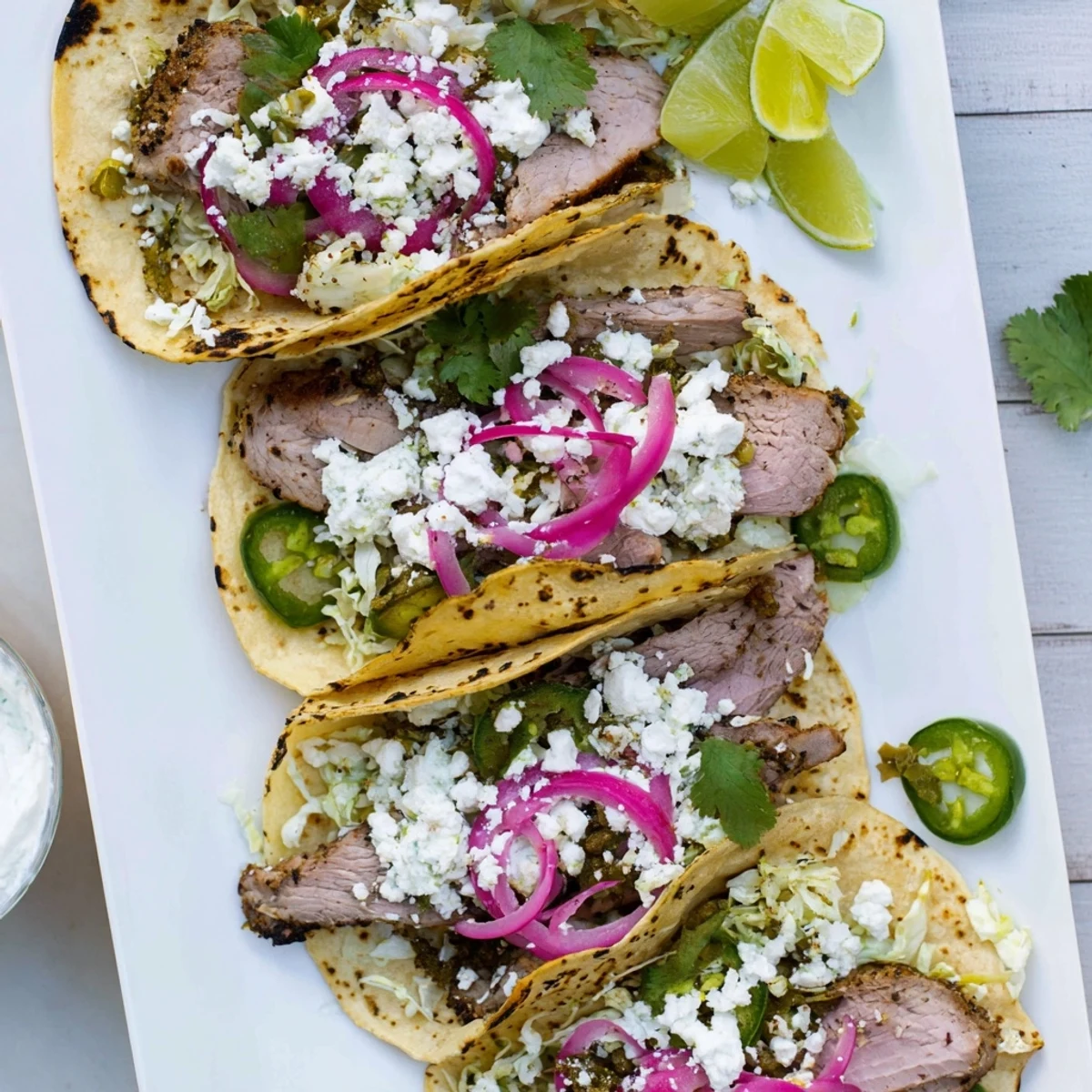 A golden, spice-crusted leg of lamb is sliced thin for a juicy fusion taco, garnished with jalapeño and crunchy lettuce.