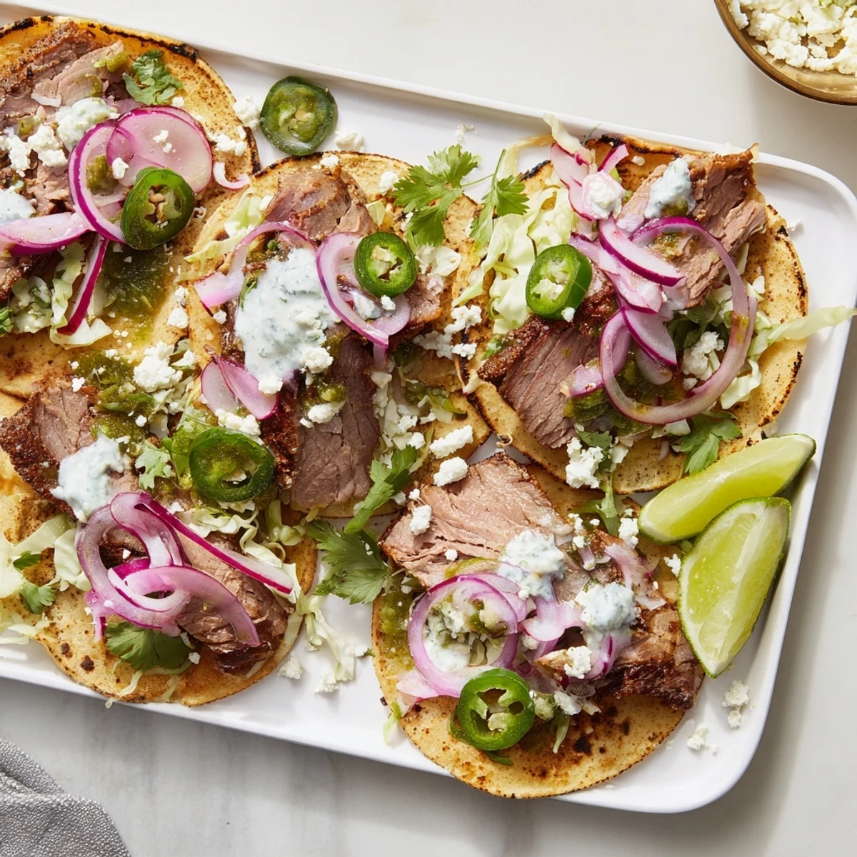 Tender, slow-roasted cumin crusted leg of lamb is piled high with queso fresco and lime wedges for a vibrant taco night.