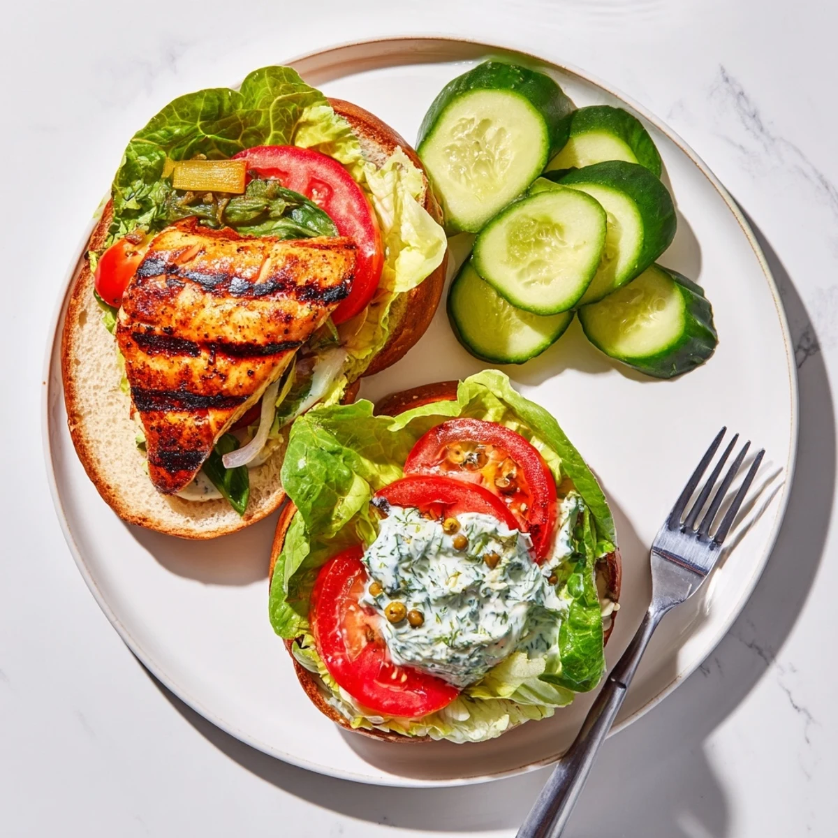 A vibrant BBQ Barramundi Burger showcases flaky grilled fish on a toasted brioche bun with smoky cos lettuce.
