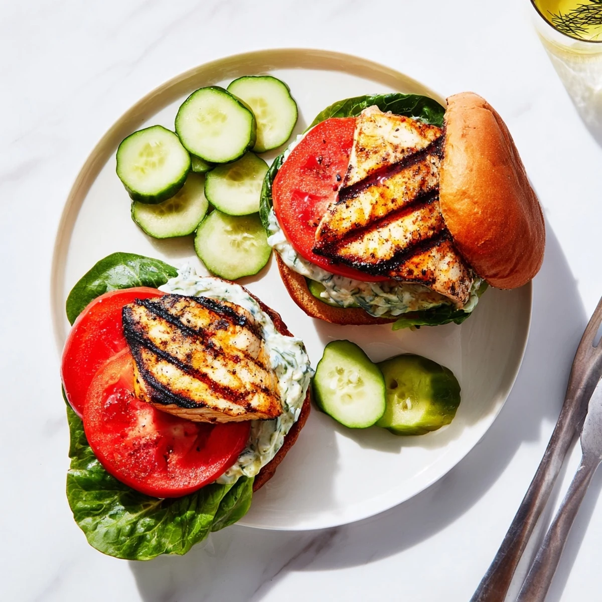 Fresh grilled cos lettuce and ripe tomato slices garnish this BBQ Barramundi Burger on a plate.