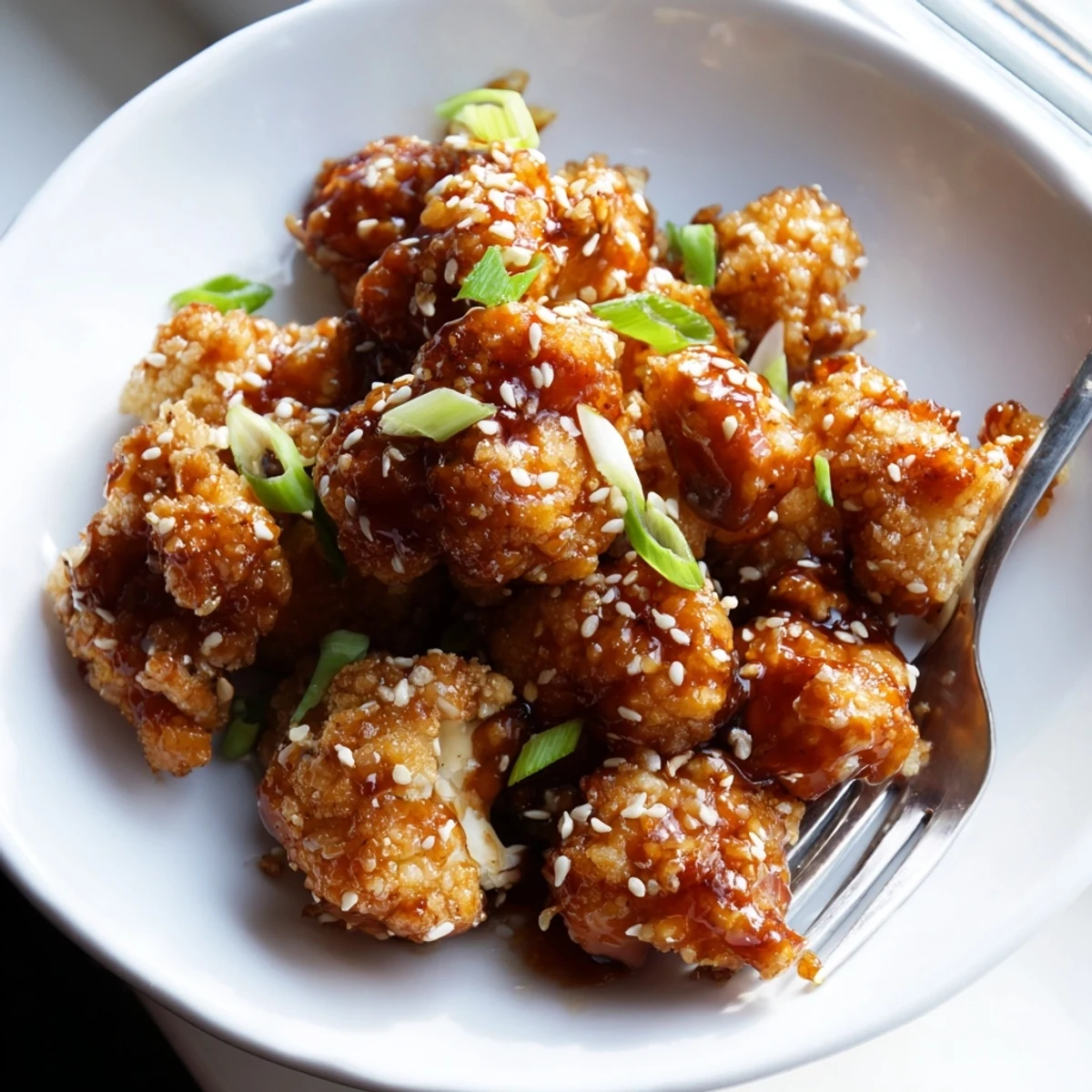 Golden, crispy Sticky Honey Garlic Cauliflower florets tossed in sticky glaze, garnished with sesame seeds and green onions.