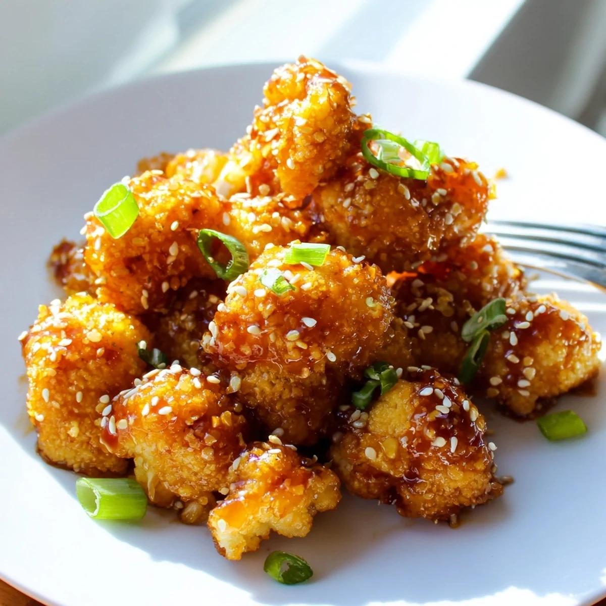 Baked Sticky Honey Garlic Cauliflower served warm as an appetizer, paired with steamed rice and stir-fried vegetables.