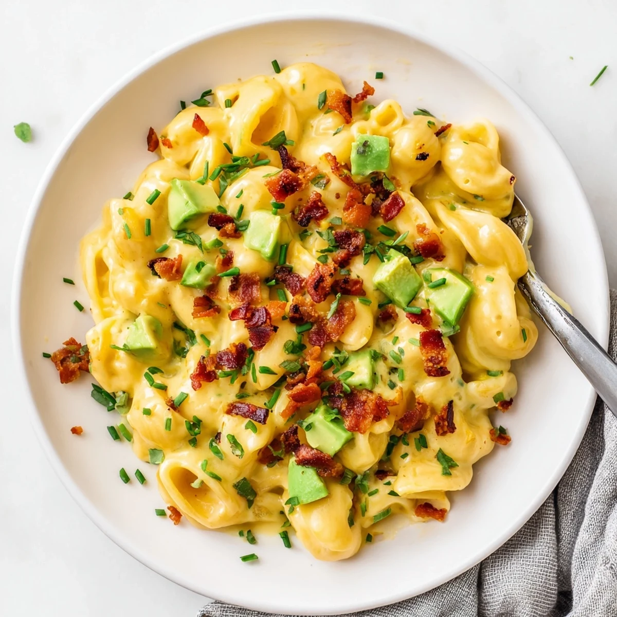 A close-up of Avocado and Bacon Mac and Cheese featuring smooth cheese sauce, diced green avocado, and smoky bacon crumbles on a rustic wooden table.