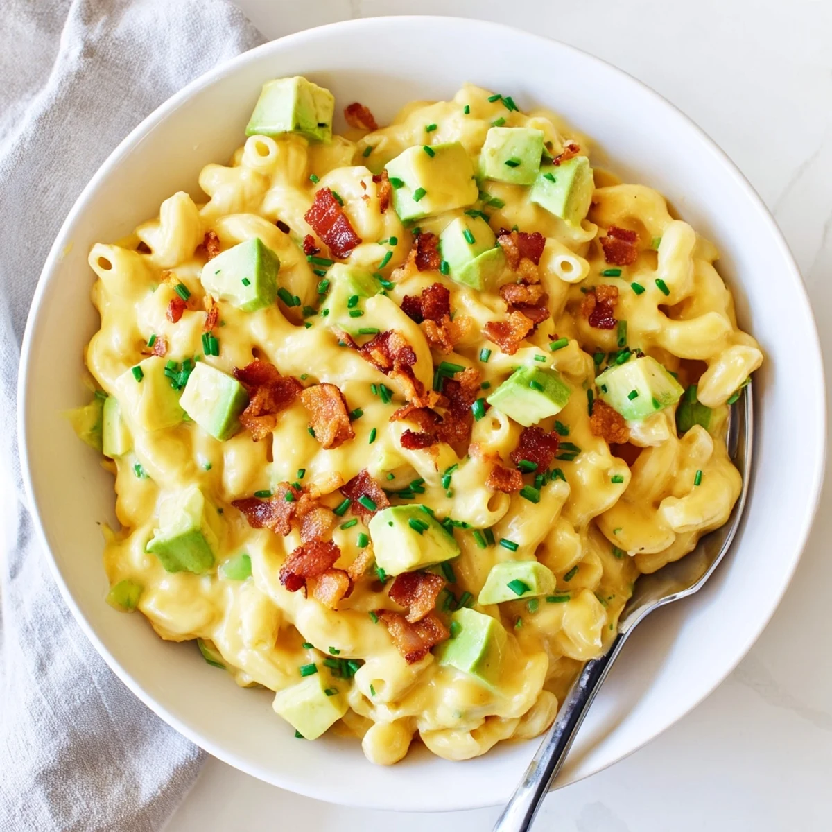 Comforting Avocado and Bacon Mac and Cheese with golden melted cheddar, creamy avocado chunks, and garnished with chives, ideal for a family dinner.