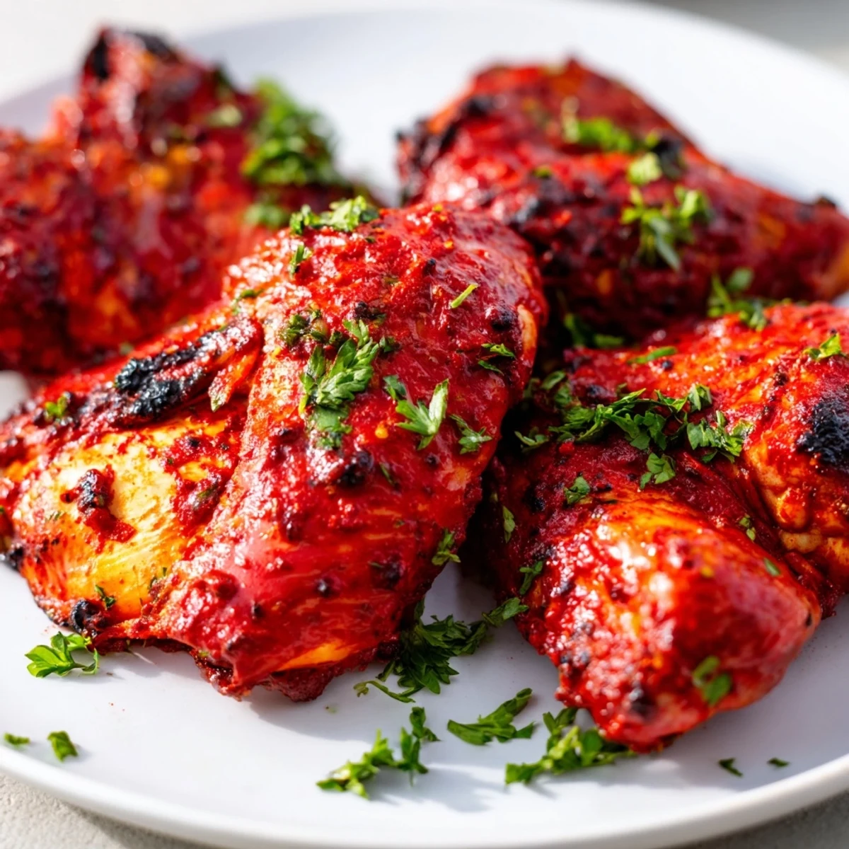 Spicy grilled peri peri chicken Portuguese style resting on a platter with fresh lemon wedges