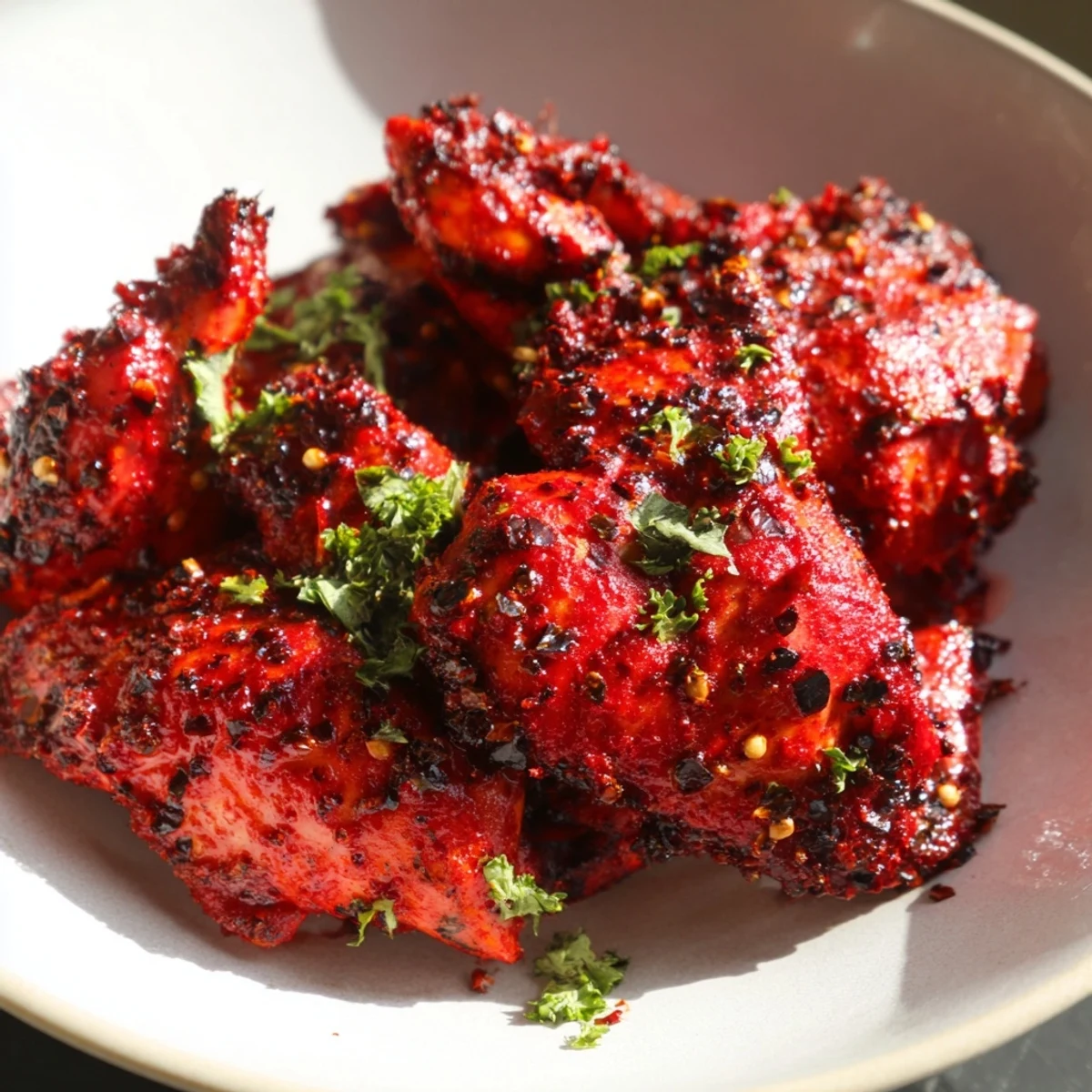 Succulent peri peri chicken Portuguese style pieces showcasing charred edges and zesty red pepper glaze