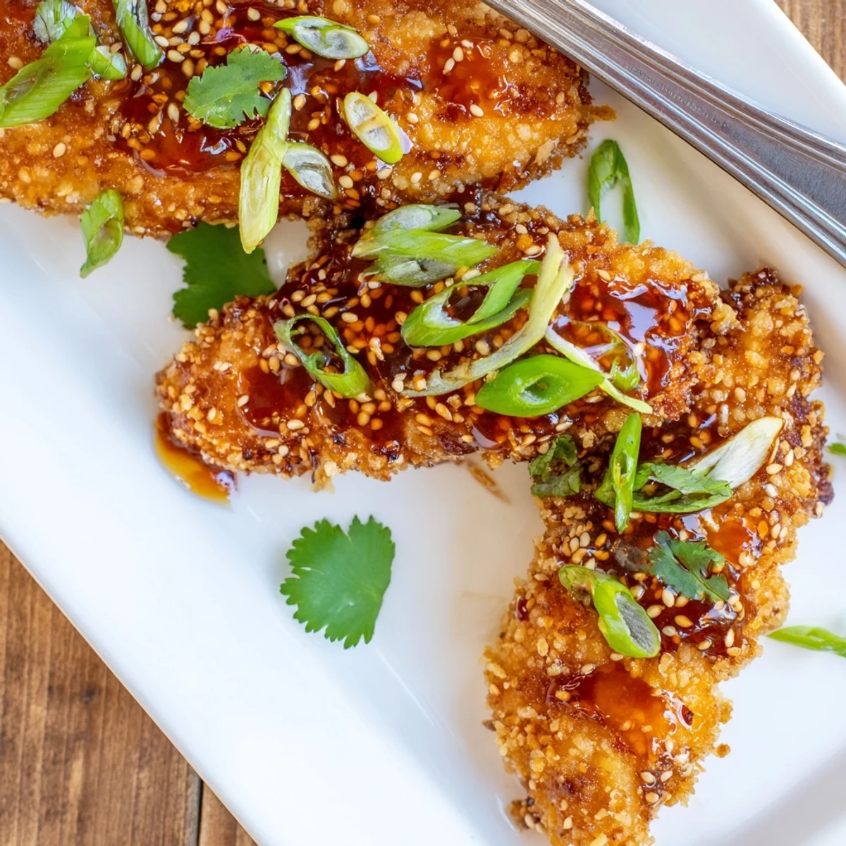 Golden Thai sticky chicken fingers glazed with sweet spicy sauce and topped with sesame seeds and fresh cilantro