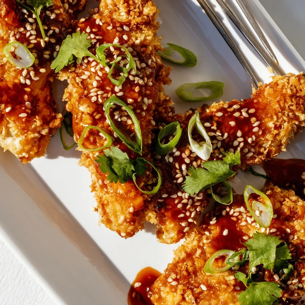 Oven-baked Thai sticky chicken fingers arranged on a platter with sticky glaze and toasted sesame seed sprinkles