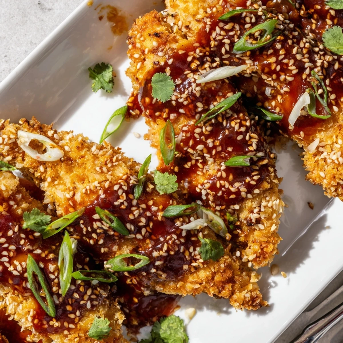Crispy baked chicken tenders coated in tangy Thai chili sauce and garnished with sliced green onions