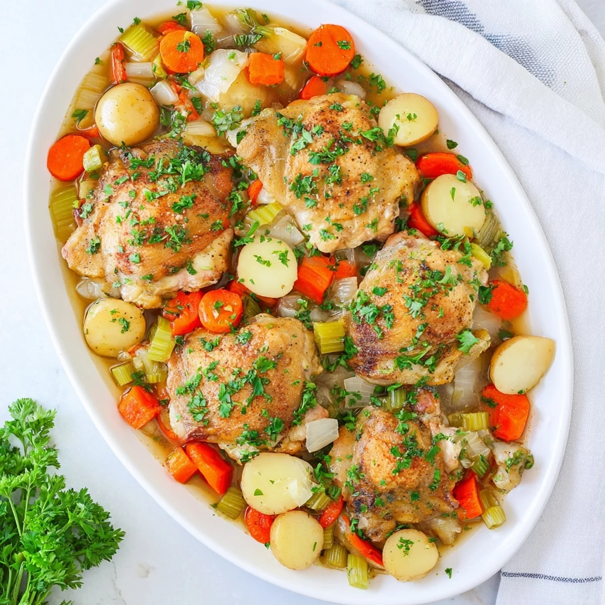 Golden brown chicken thighs nestled atop tender carrots, celery, and baby potatoes in a rich savory broth