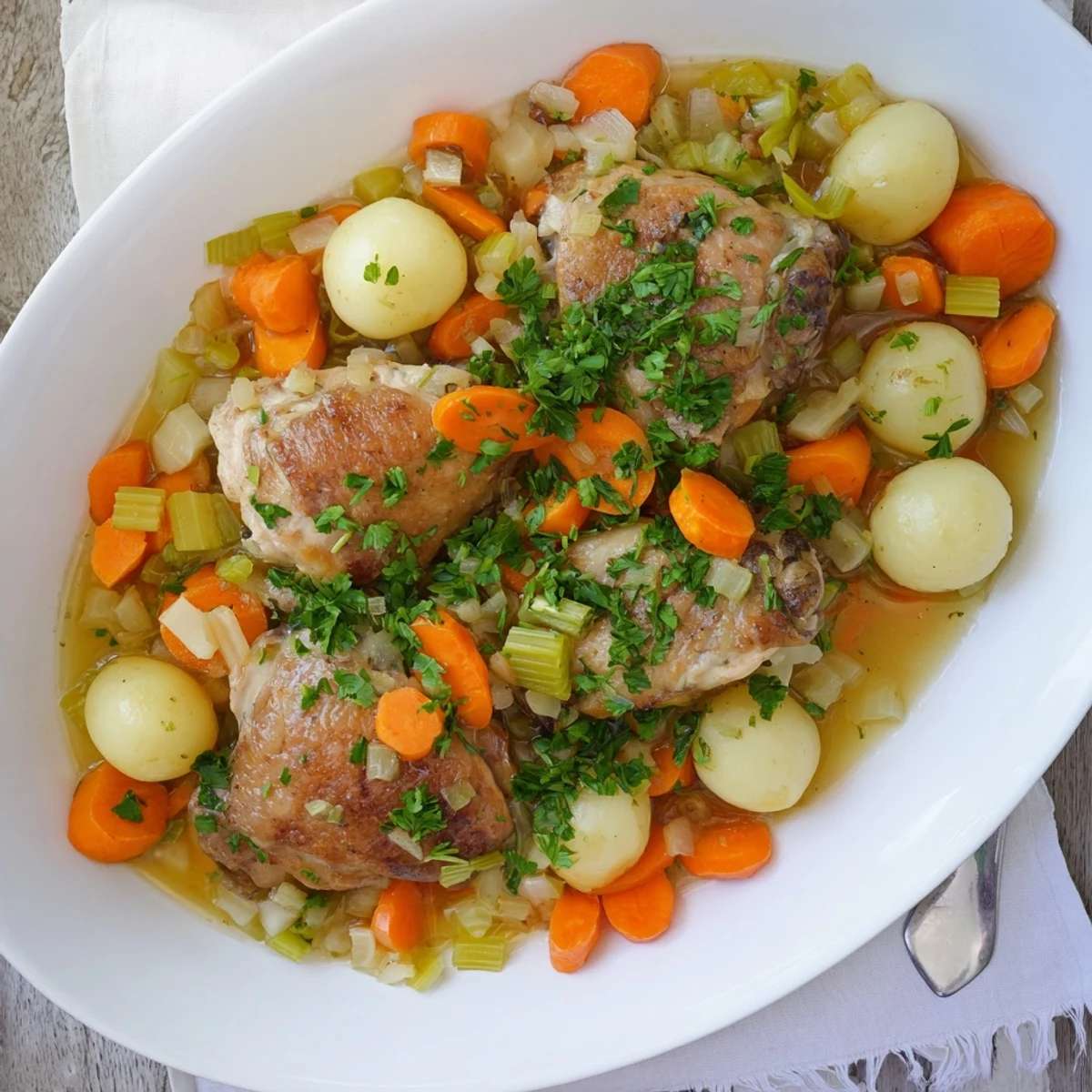Tender slow cooker chicken with aromatic vegetables garnished with fresh chopped parsley on a white serving platter