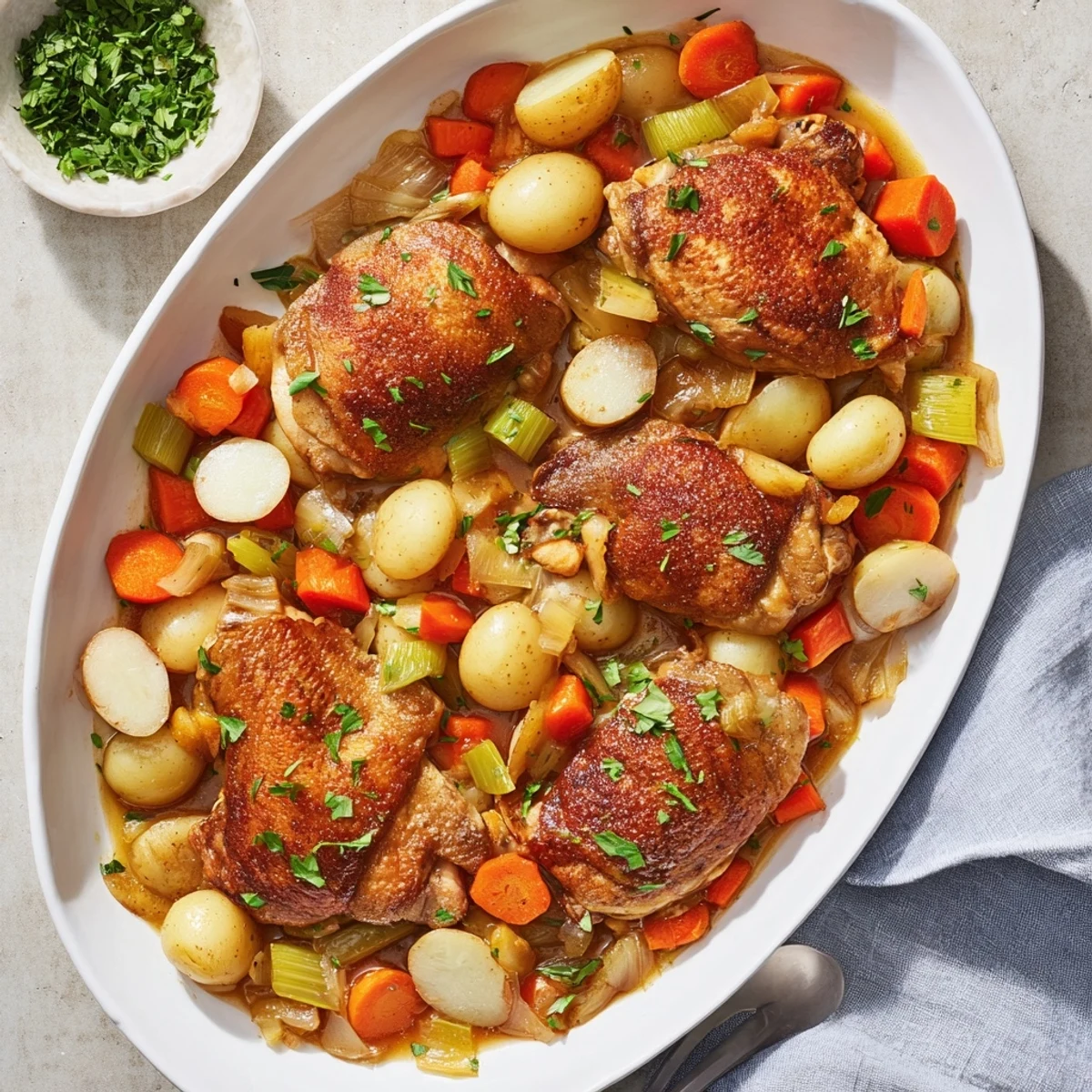 Succulent herb-seasoned chicken pieces swimming in flavorful sauce alongside colorful slow-cooked root vegetables