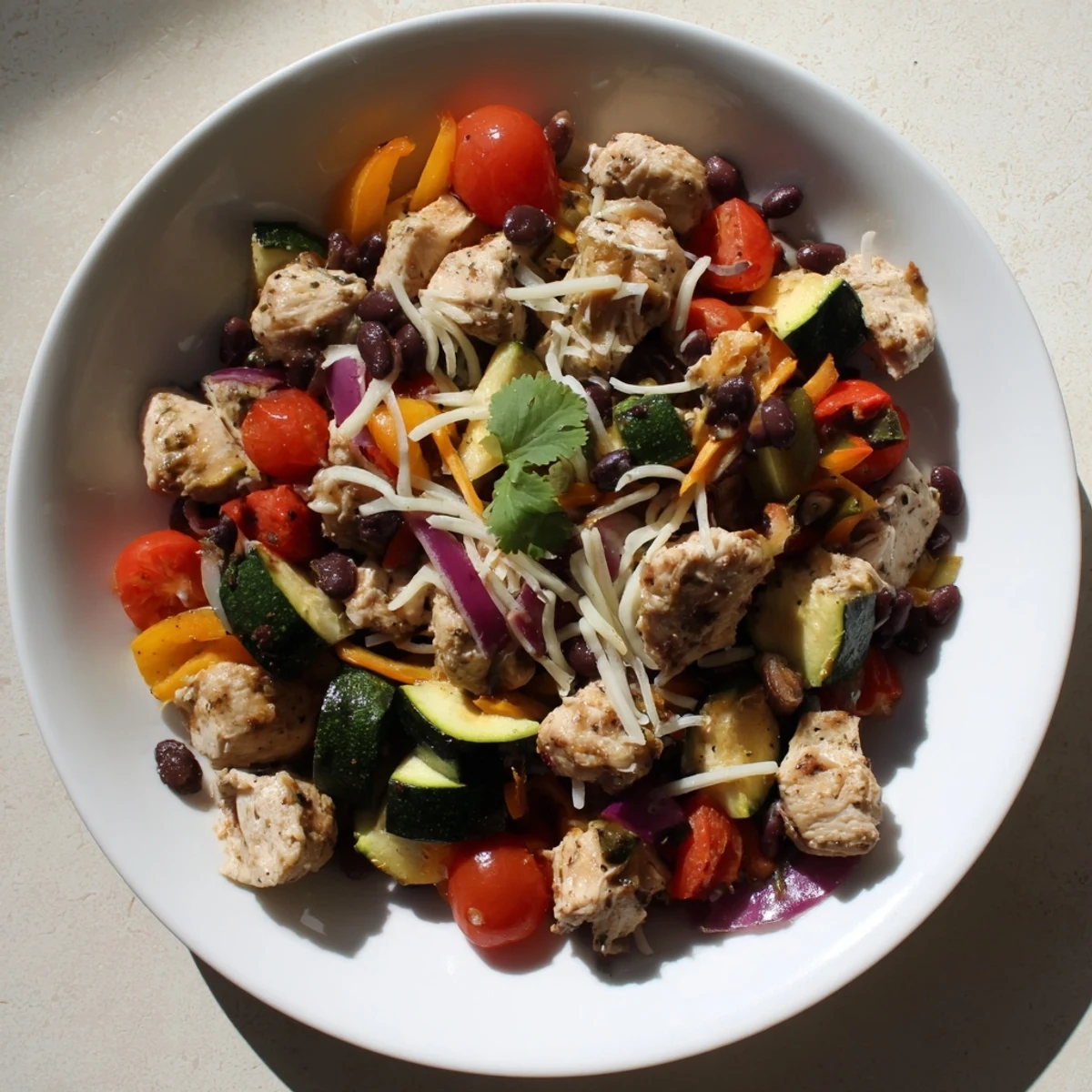 Golden Tex Mex chicken and zucchini skillet topped with melted cheese and fresh cilantro