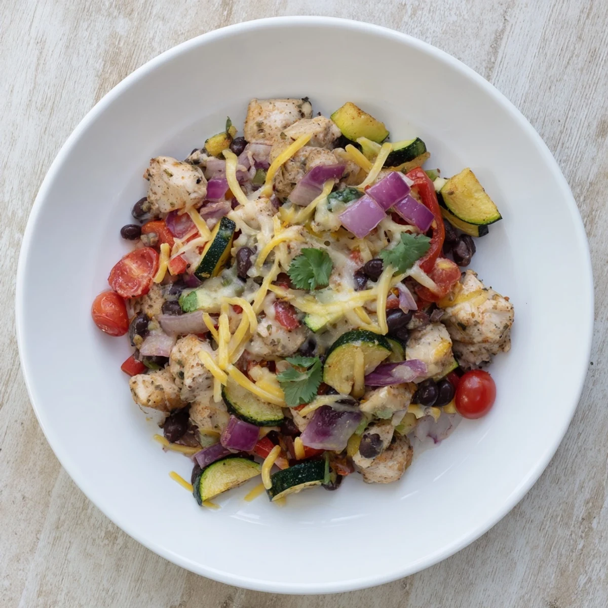 One-pan Tex Mex chicken and zucchini dinner with colorful peppers and black beans