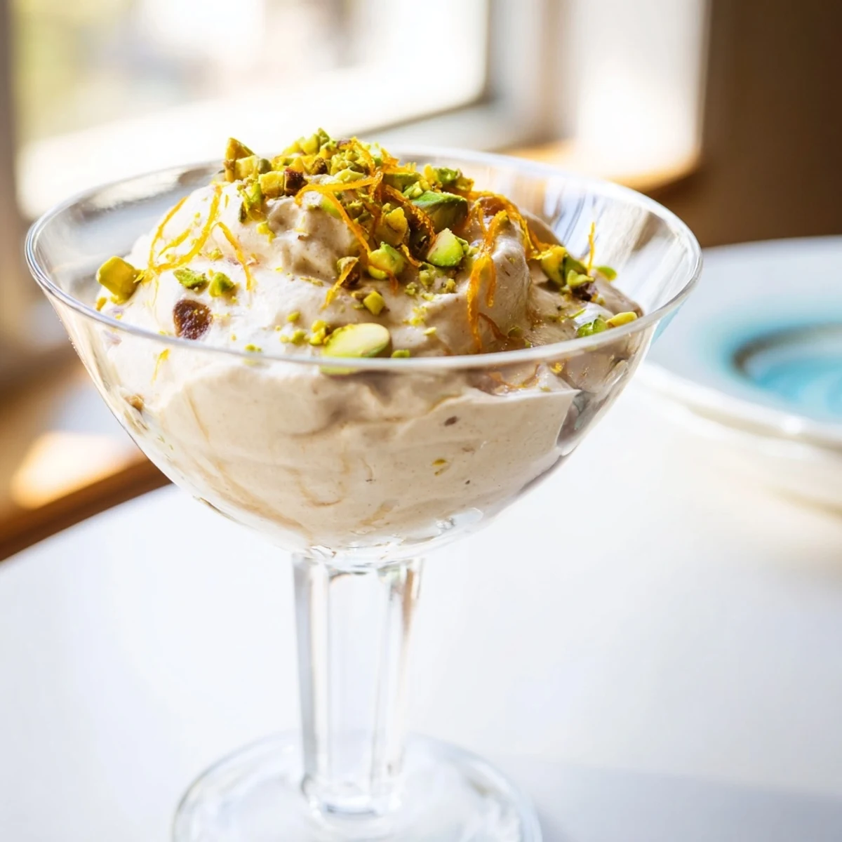 Creamy Lebanese date orange blossom mousse topped with pistachios and orange zest in glass serving cups